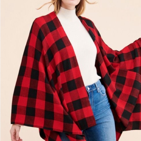 Ralph Lauren Buffalo Check Plaid Red Poncho Wrap Shawl Preppy Oversized